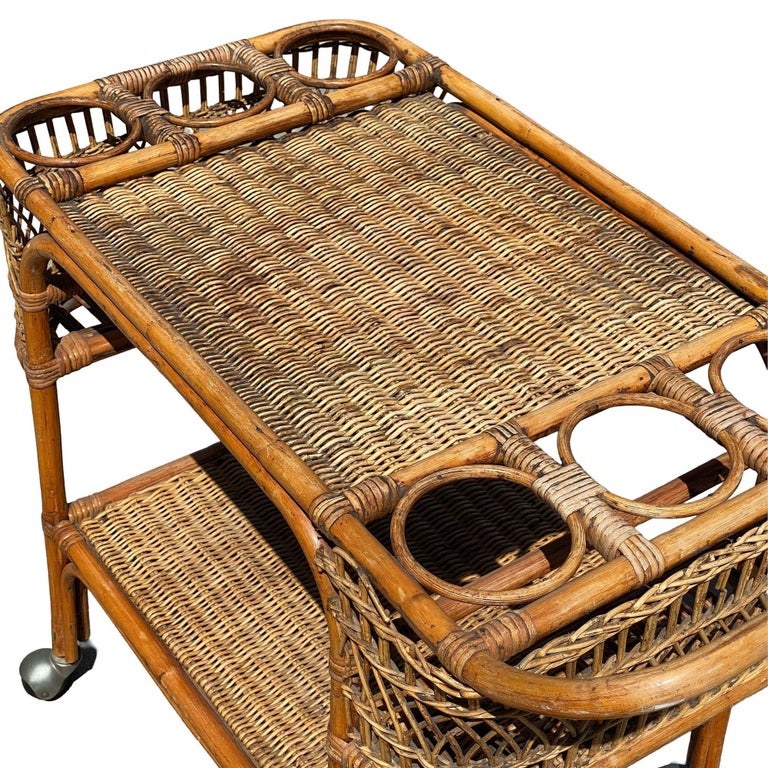 Restored Art Deco Stick Rattan Two-Tier Bar Cart w/ Woven WickerTops