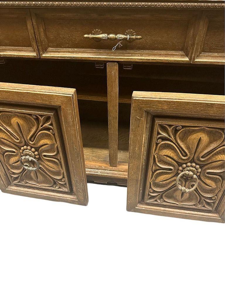 Mid Century Mediterranean Revival Carved Oakwood Buffet Cabinet