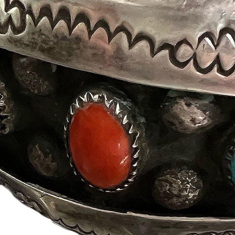 Vintage Navajo KY Sterling Silver Turquoise Coral Cuff Bracelet