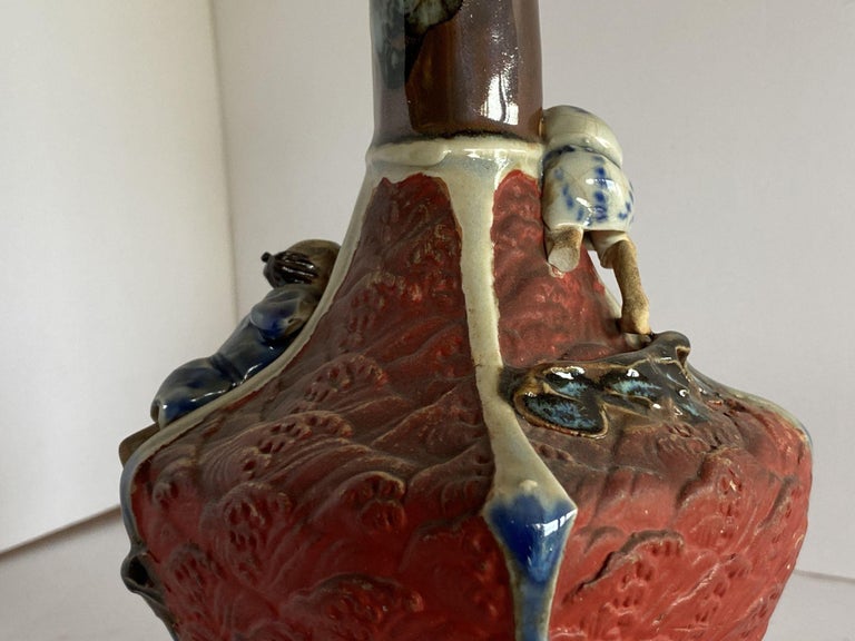 Japanese Sumida Ware Vase with Two Men on Rocky Ledge by Inoue Ryosai II