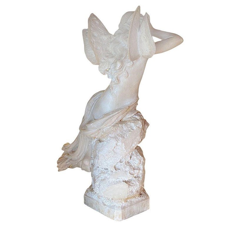 Late Victorian French Hand Carved Nude Psyche Goddess Marble Statue, signed