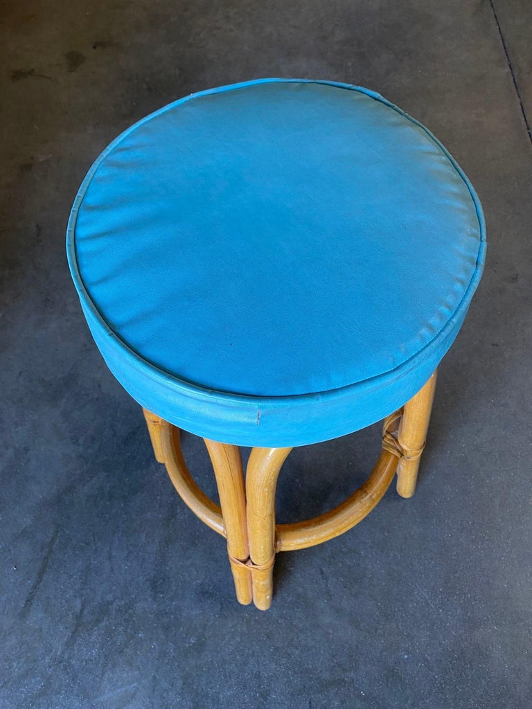 Restored Single Stand Arched Rattan Bar Stool w/ Teal Green Seat, Set of Four
