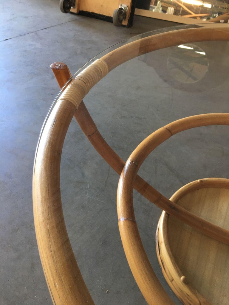 Restored Four Pole Rattan Coffee Table with Floating Glass Top