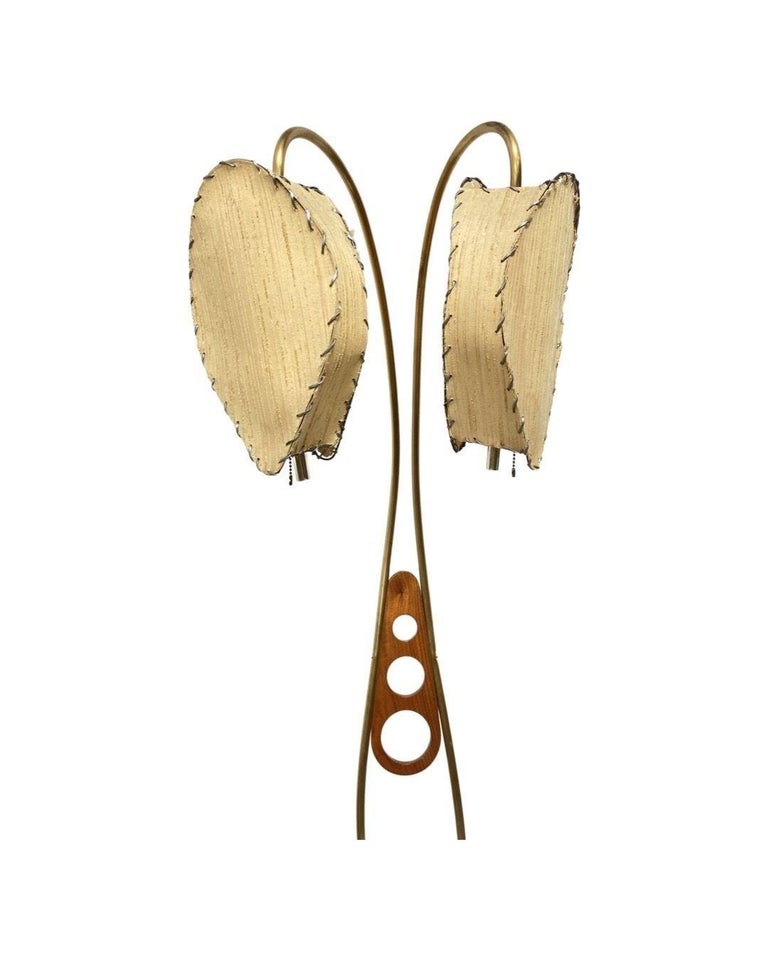 Mid Century Walnut and Brass Floor Lamp with Whipstitch Fiberglass Lamp Shades
