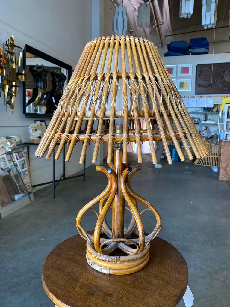 Restored Modernist Stacked Stick Reed Rattan Table Lamp w/ Rattan Shade