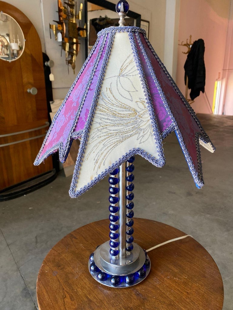 Chromed Steel and Cobalt Marble Art Deco Lamp