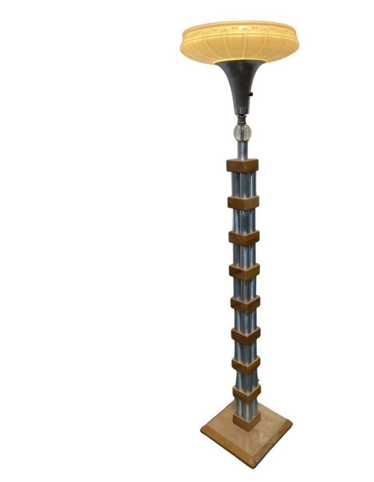 Mid-Century Modern Chrome Blond Maple Stacked Torchiere Floor Lamp