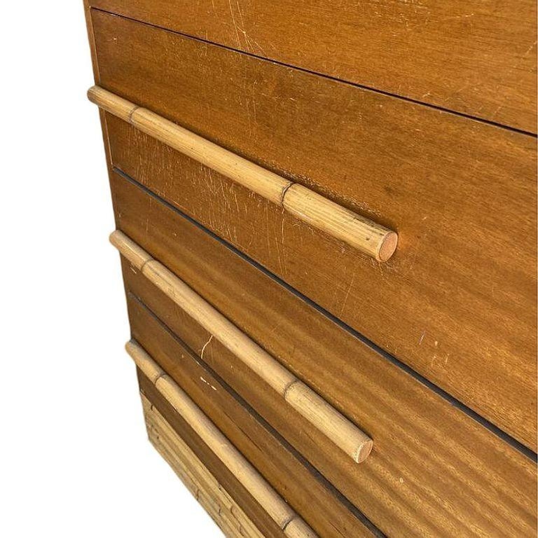 Restored Mid-century Waterfall Highboy Mahogany Dresser W/ Stacked Rattan Base
