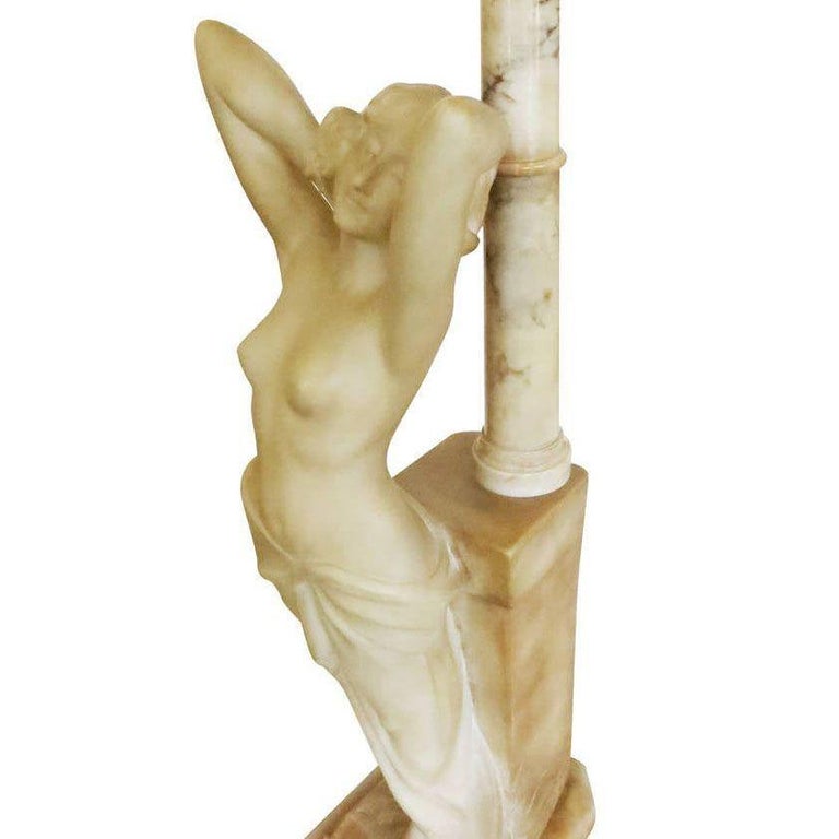 Edwardian Era Italian Carved Alabaster Nude Greco-Roman Female Figural Lamp