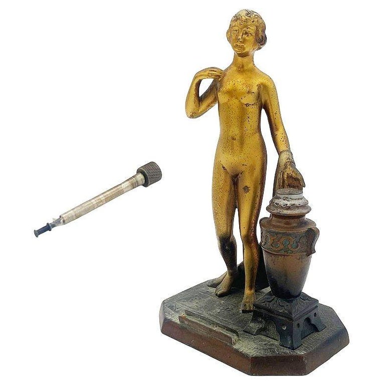 Art Deco Spelter Metal Nude Flapper Goddess Desktop Torch Tip Table Lighter