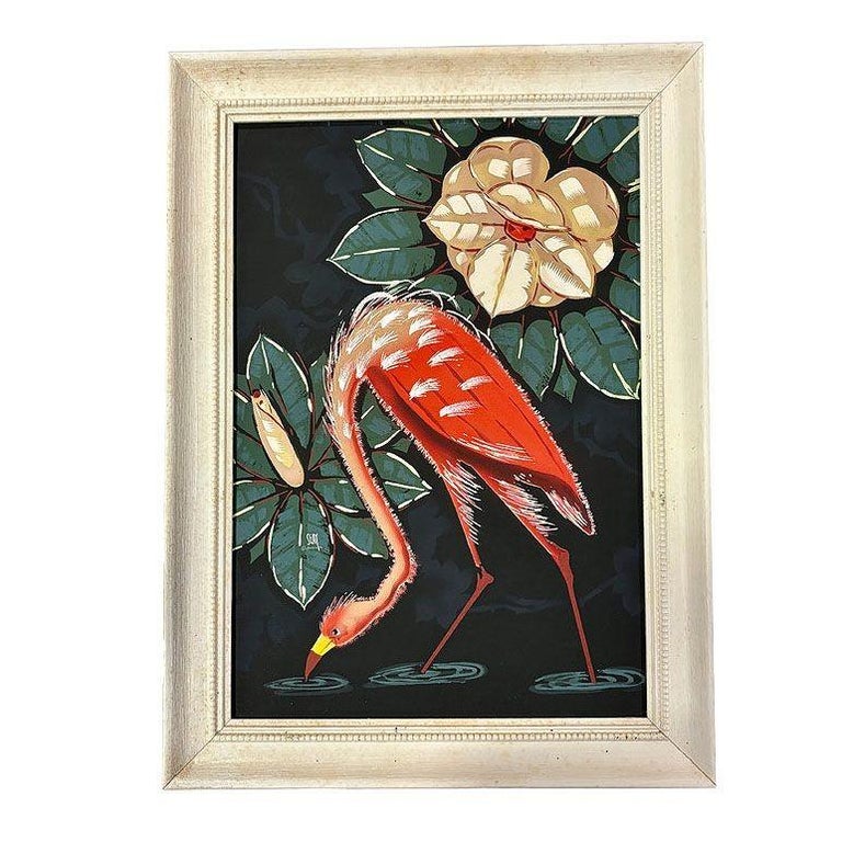 Pair of Mid Century Pink Flamingo Airbrush Prints by Billy SEAY in Frame