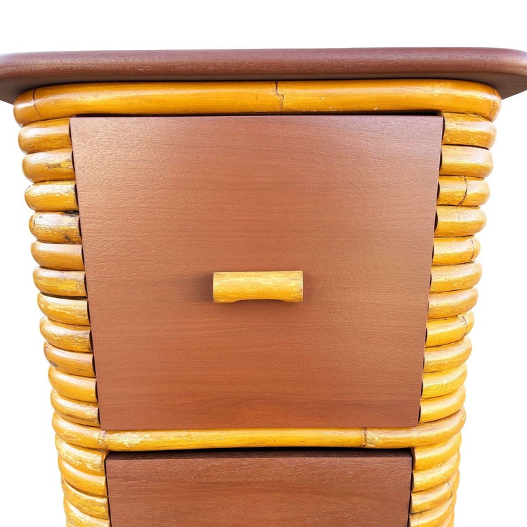 Restored Paul Frankl Style Stacked Rattan & Mahogany Cabinet w/ Drawers
