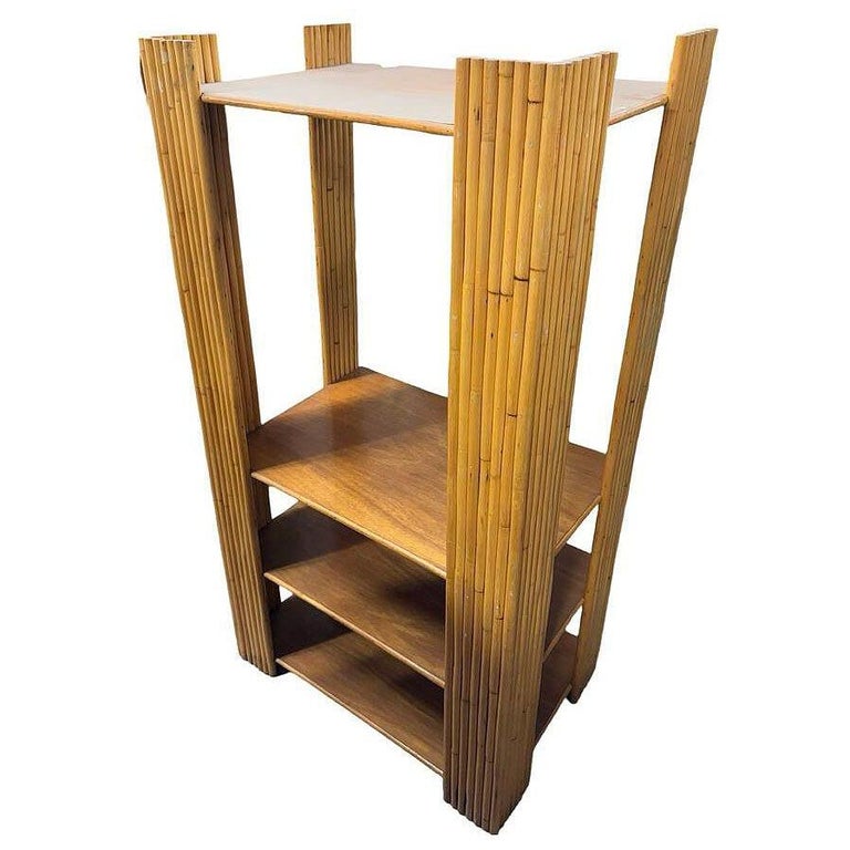 Restored Vertically Stacked Rattan 4-tier Rattan & Mahogany Etager Display Shelf