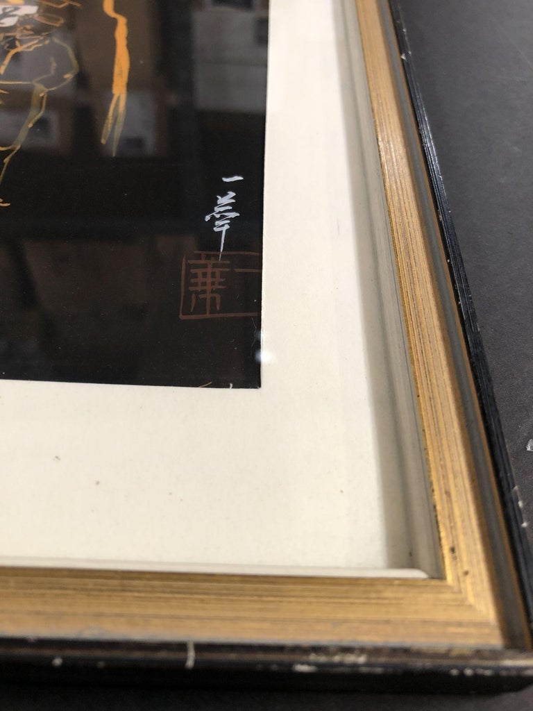 Mid Century Black and Gold Rickshaw Japanese Style Scenic Signed, Pair