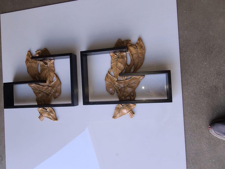 Midcentury Wall Shelf with Hand Carved Leaf Pattern, Pair
