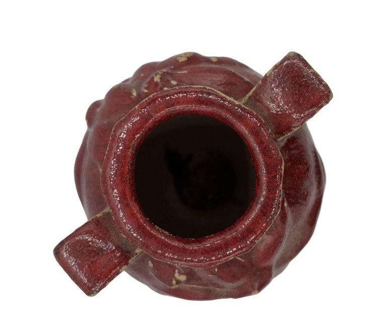 Red Art Pottery Vase with Dual Handles & Sculpted Floral Relief