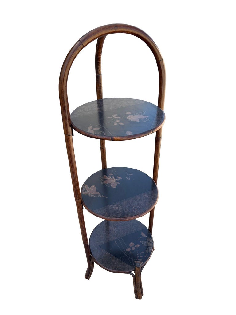 Costal Three Tiered Dark Stained Rattan Shelf w East Asian Motif Tops