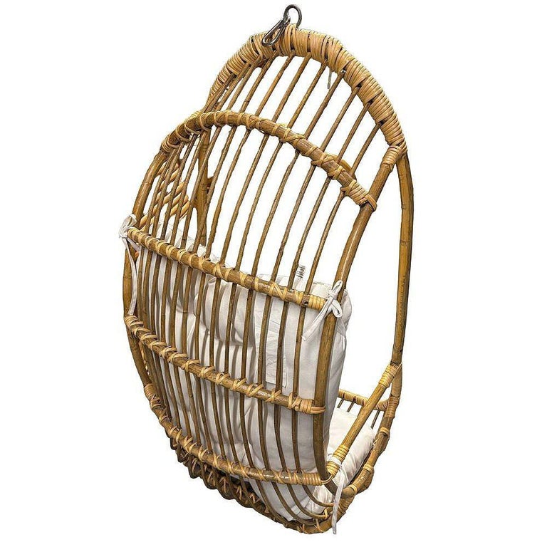 Restored Mid-century Rattan & Wicker Hanging Cocoon Egg Chair w/ Stand
