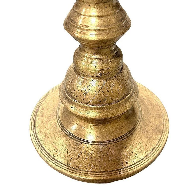 Hand Etched Brass Moroccan Floor Candelabra, Pair