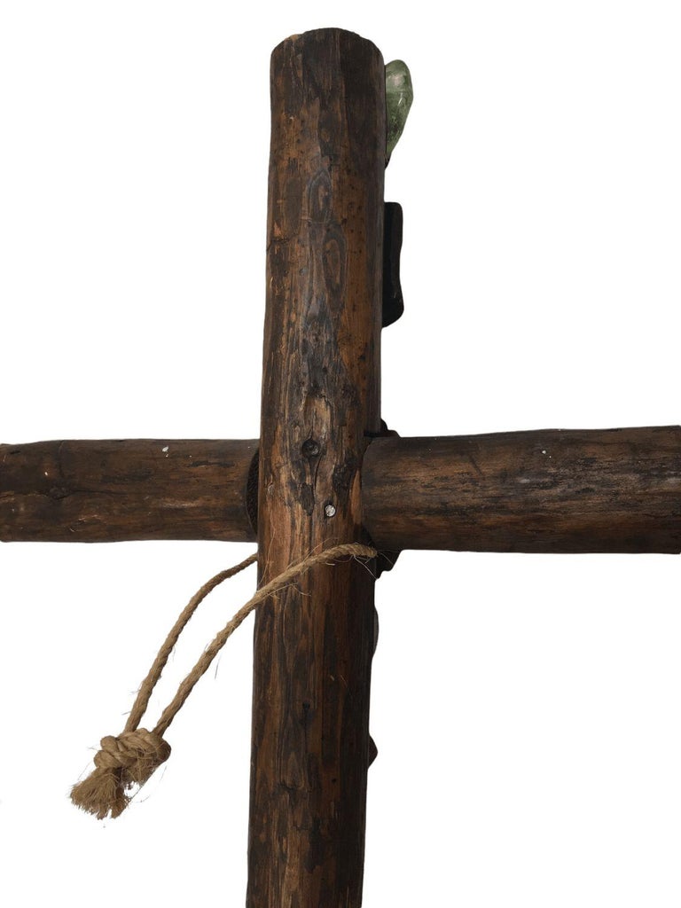 Vintage Large Wood Logs Cross with Metal and Glass decorations