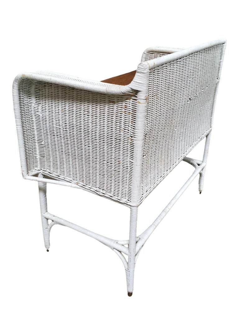 Shabby Chic White Wicker Mahogany Top Writing Secretary Desk w/ Chair