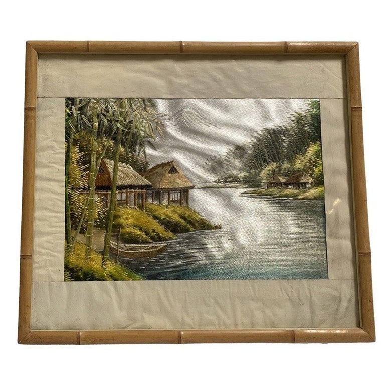 Three Chinese Silk Embroidery Tapestry Art Tropical Landscape in Rattan Frames