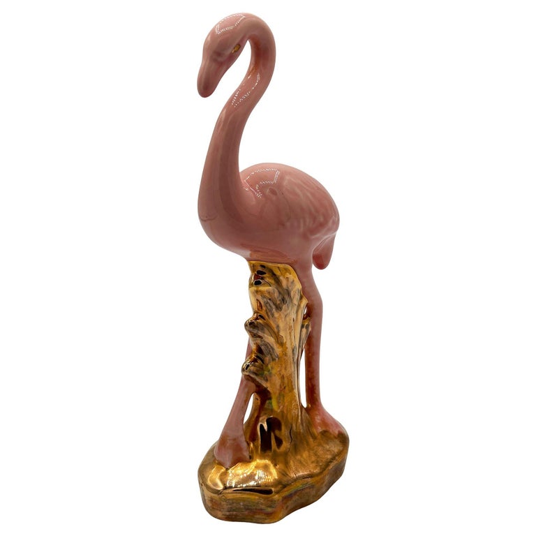 Mid-century Ceramic Fancy Bird Pink & Gold Flamingo Tabletop Statue