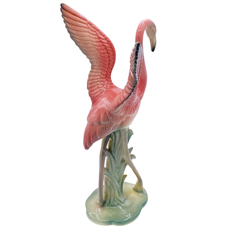 Mid-century Pink & Green Flamingo Ceramic Tabletop Sculpture Pair By Brad Keeler