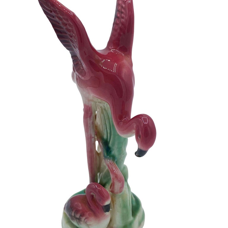 Mid-century Ceramic Miniature Pink Flamingo Tabletop Statue By Leftons