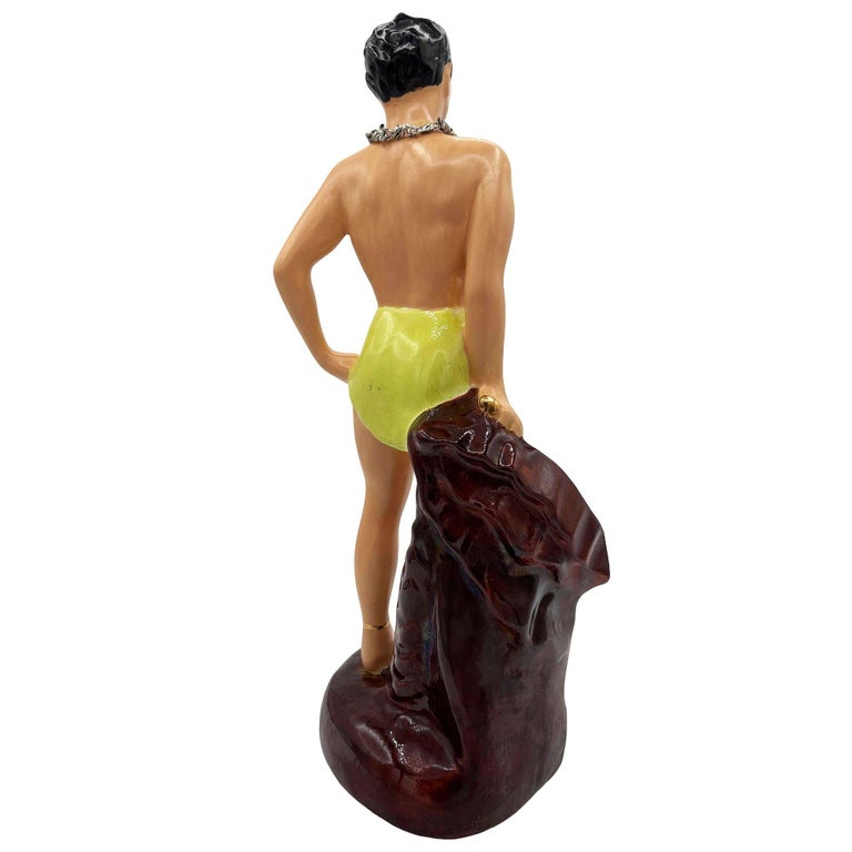 Mid-Century Hand Painted Hawaiian Hula Girl & Male Surfer Ceramic Statue Set