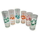 Mid-Century Pink Wire Frame Drinks Tray w/ Six Highball Flamingo Glasses