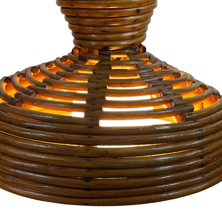Restored Mid-century Hanging Rattan Ceiling Lamp Chandelier w/ Center Globe