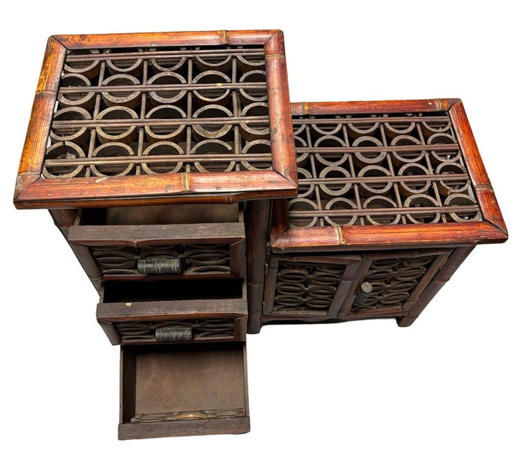 Late Qing Dynasty Split Bamboo & Lattice Top Chippendale Cabinet w/ 3 Drawers