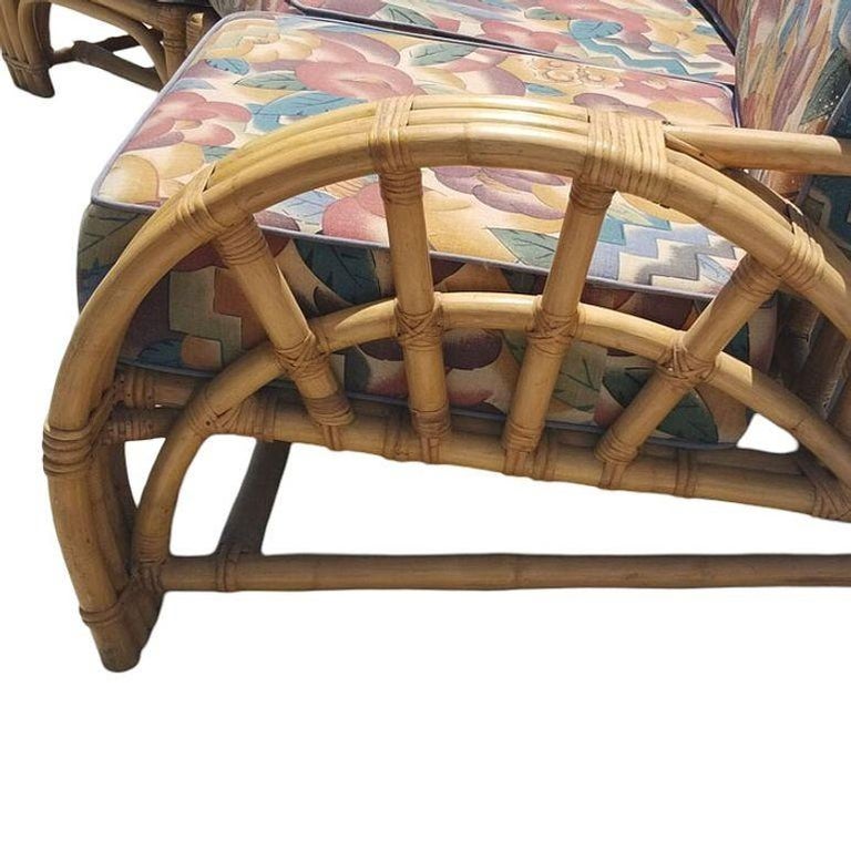 Restored Mid-century 3 Strand Rattan Spoke Half Moon Arm Corner Sectional Sofa