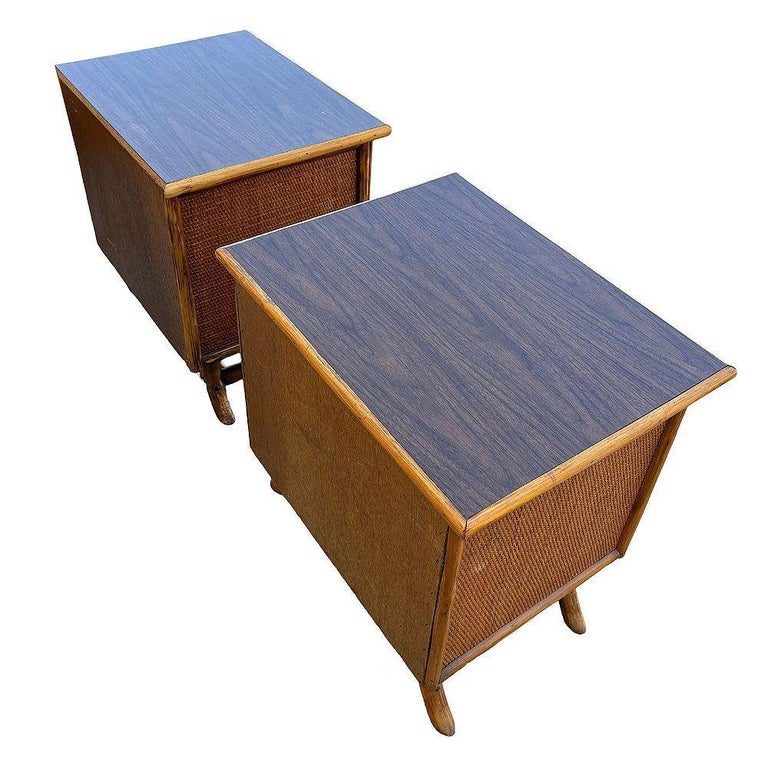 Restored James Mont Styles Rattan & Woven Wicker Bedside Table, Pair