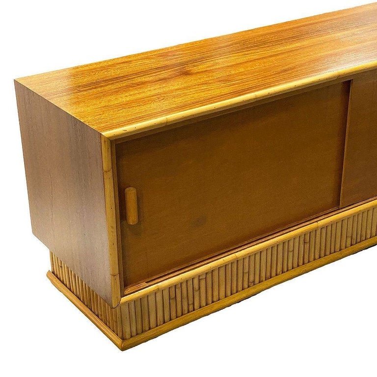 Restored Frankl Style Rattan & Mahogany Credenza TV Stand W/ Stacked Rattan Base