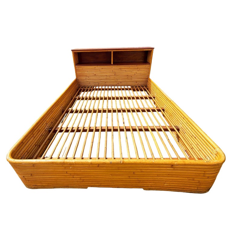 Restored Mid-century Queen Size 13-strand Stacked Rattan Bed Frame w/ Book Shelf