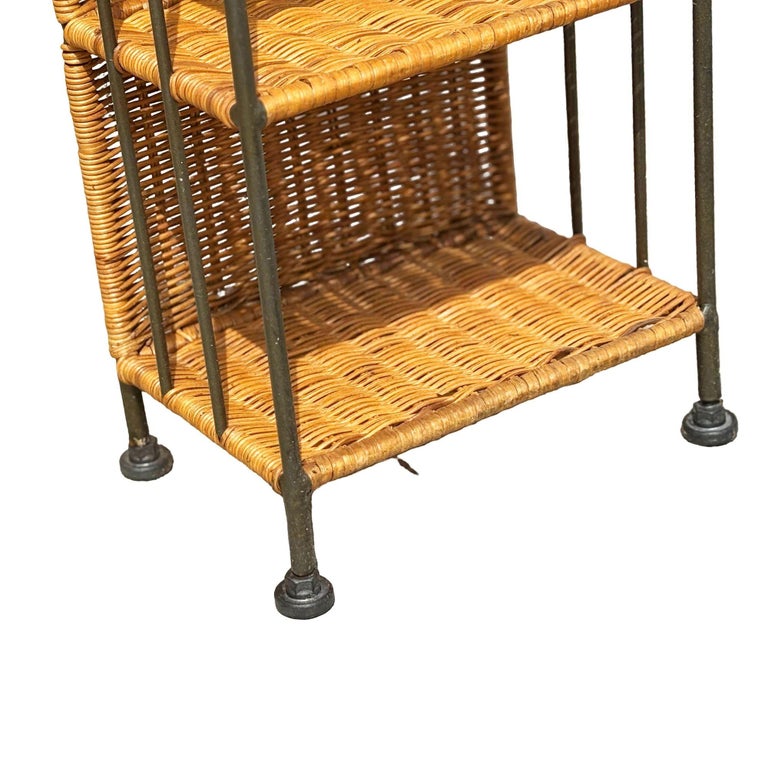 1990s Boho Wicker & Cast Iron Compact Disc CD Holder Towers, Pair
