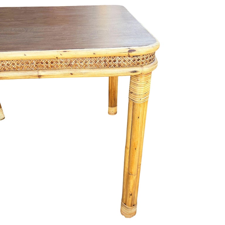 Restored 4-Strand Legs Rattan Dinette Dining Table w/ Formica Top & Wicker Sides