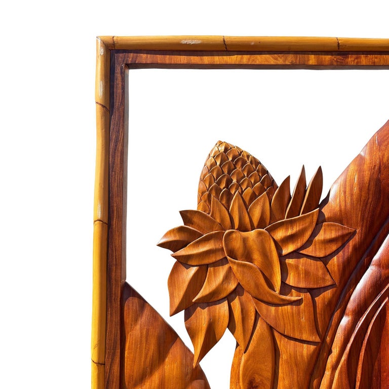 3 Panel Mid-Century Carved Koa Wood & Stacked Rattan Folding Screen