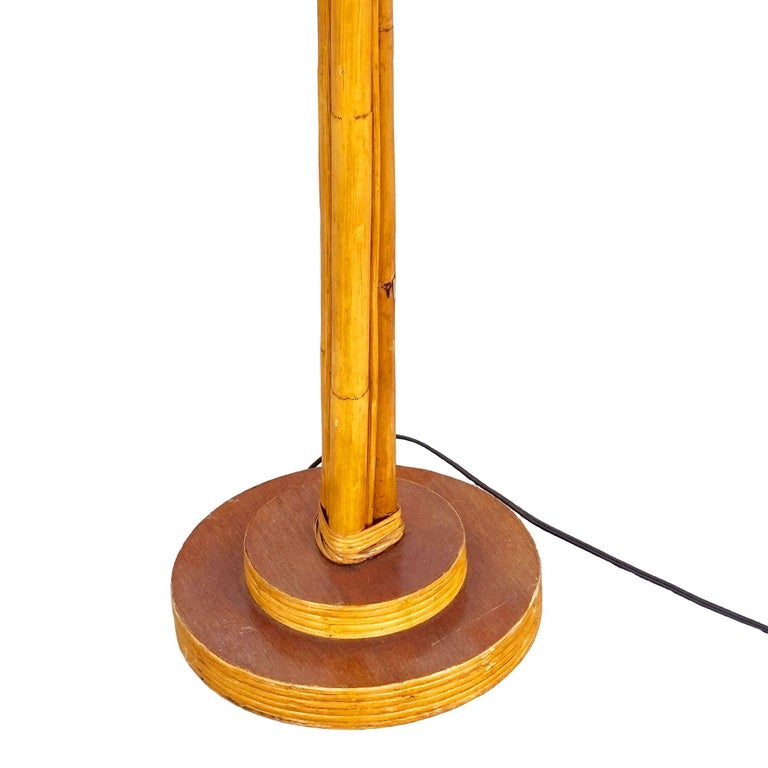 Restored Mid-century Three-Pole Rattan Floor Lamp w/ Mahogany Base