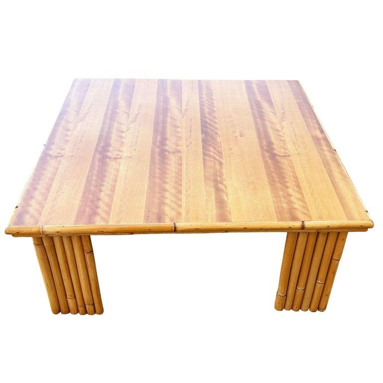 Restored Rattan & Koa Wood Square Coffee Table w/ Stacked Rattan Legs