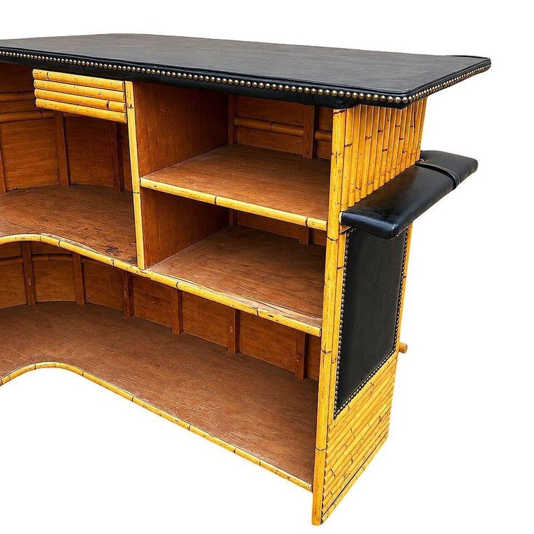 Restored Stacked Front Stacked L Shaped Rattan Bar w/ Nailhead Naugahyde Top