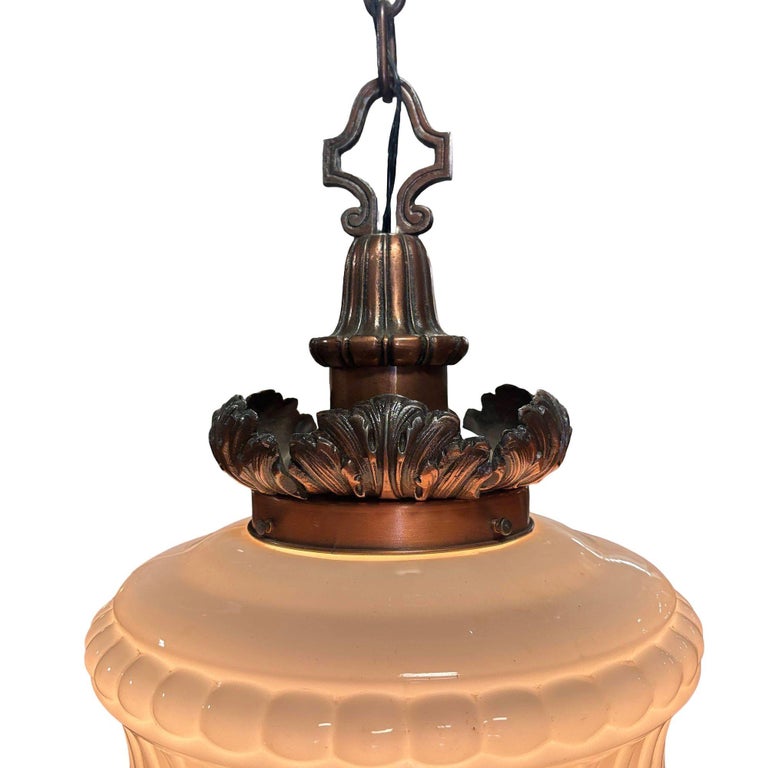Art Deco Copper Acanthus Leaf Pendant Light w/ Crystal & Milk Glass Acorn Shade