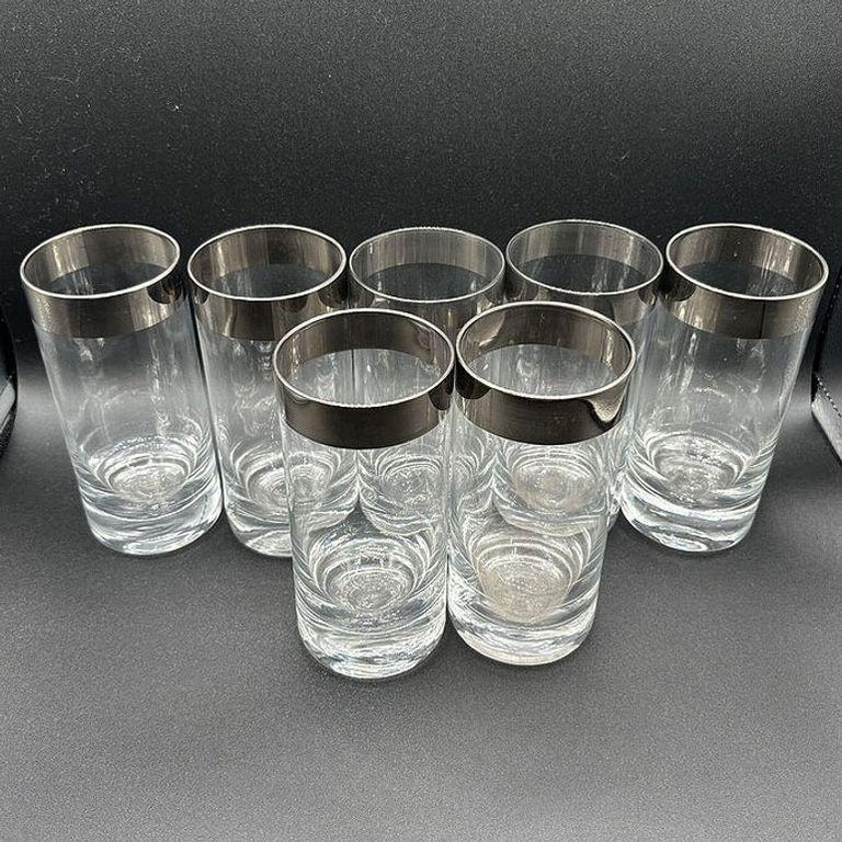 Set of 7 Barware HighBall Tumbler Glass w/ Silver Rim by Dorothy Thorpe