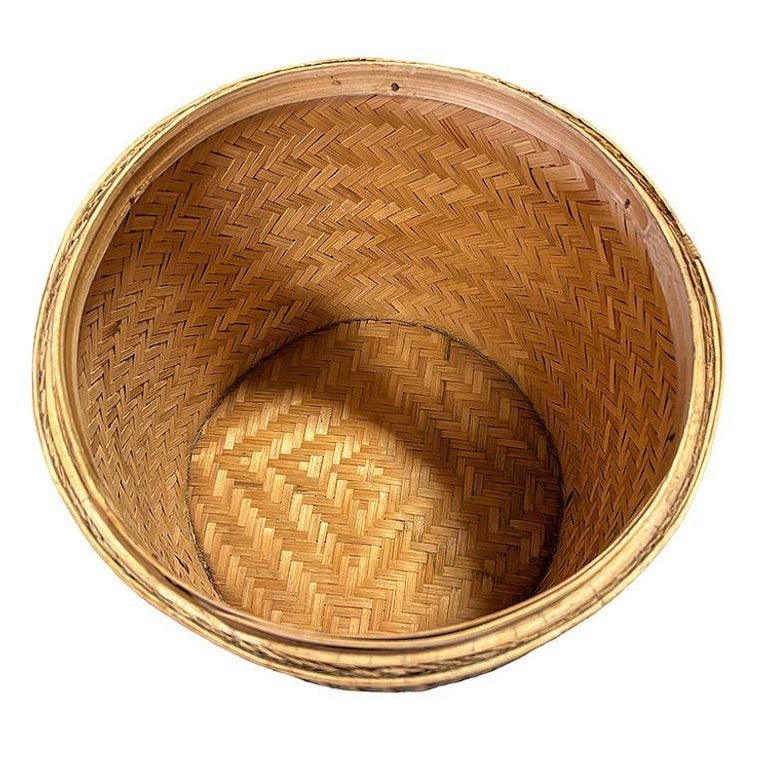 Tall Traditional Thai Hand Woven Wicker Rice Storage Basket w/ Lid