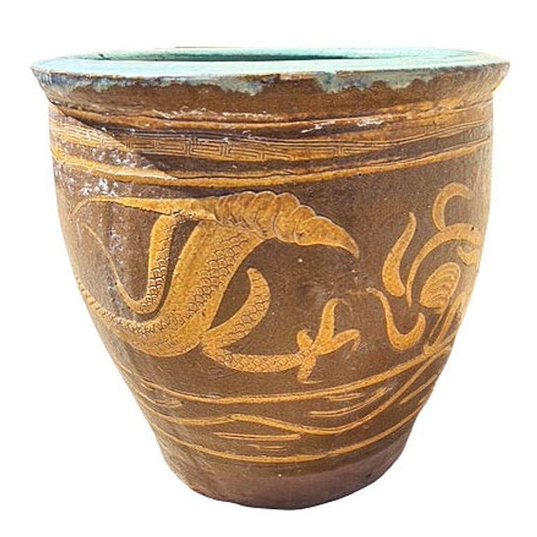 Antique Century Chinese Egg Art Pottery Holder Bird & Dragon Jardinière Planter