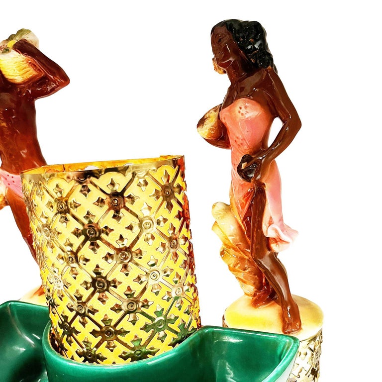 Mid-Century Hawaiian Themed Brass & Ceramic TV Lamp & Planter by Sierra Columbia