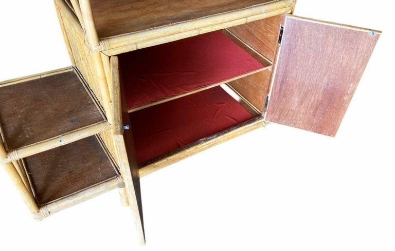 Restored Rattan Seven-Tier Display Shelf Wall Etagere Unit w/ Cabinet