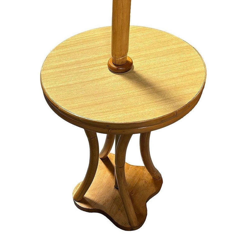 Restored Rattan & Mahogany Hourglass Side Table Torchiere Floor Lamp